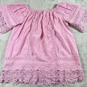 Lynn Ryan Shirt Womens M Smocked Peasant Off Shoulder Boho Blouse Crochet Top